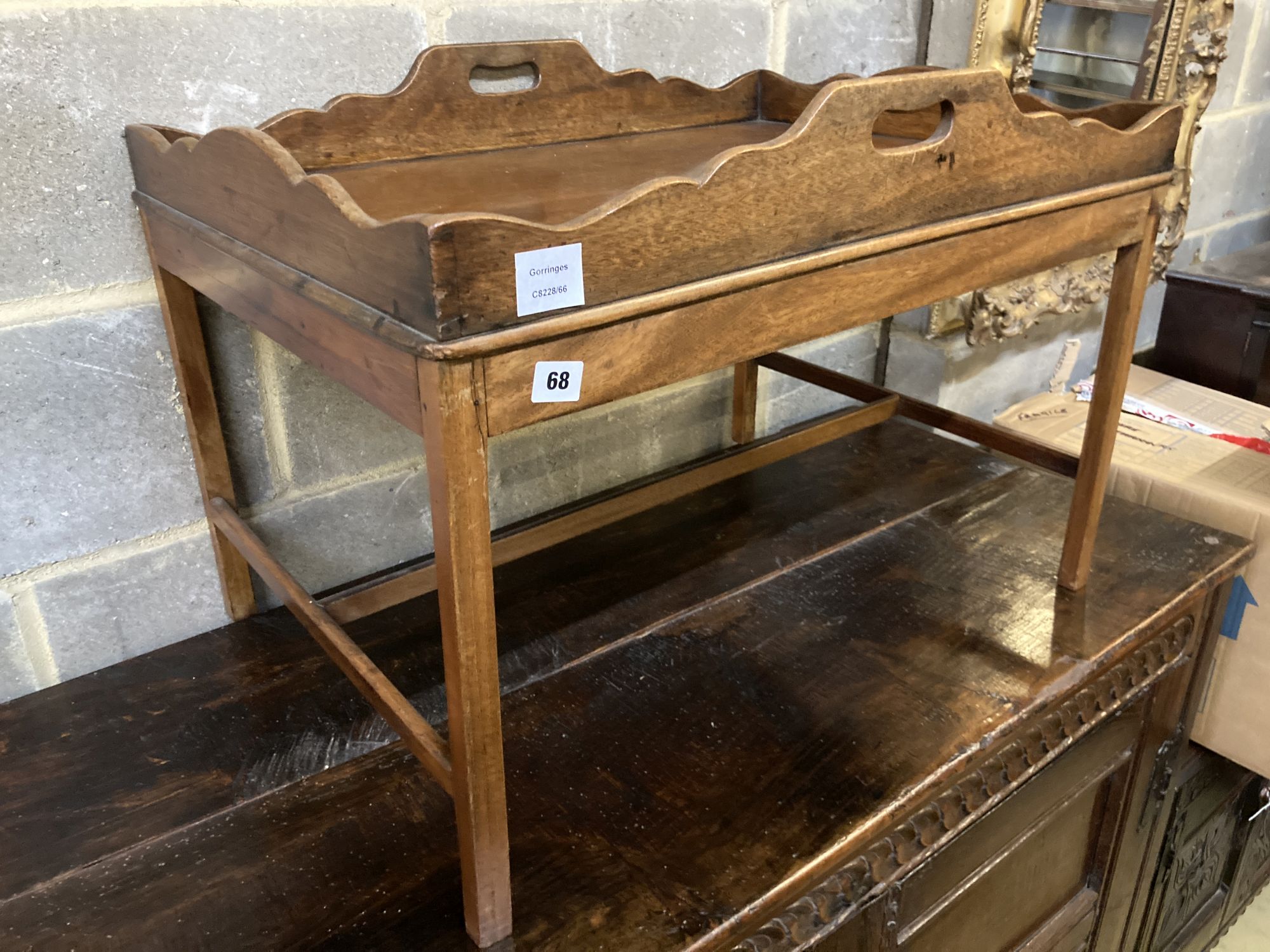 A George III style mahogany tray top table, width 71cm, depth 50cm, height 51cm